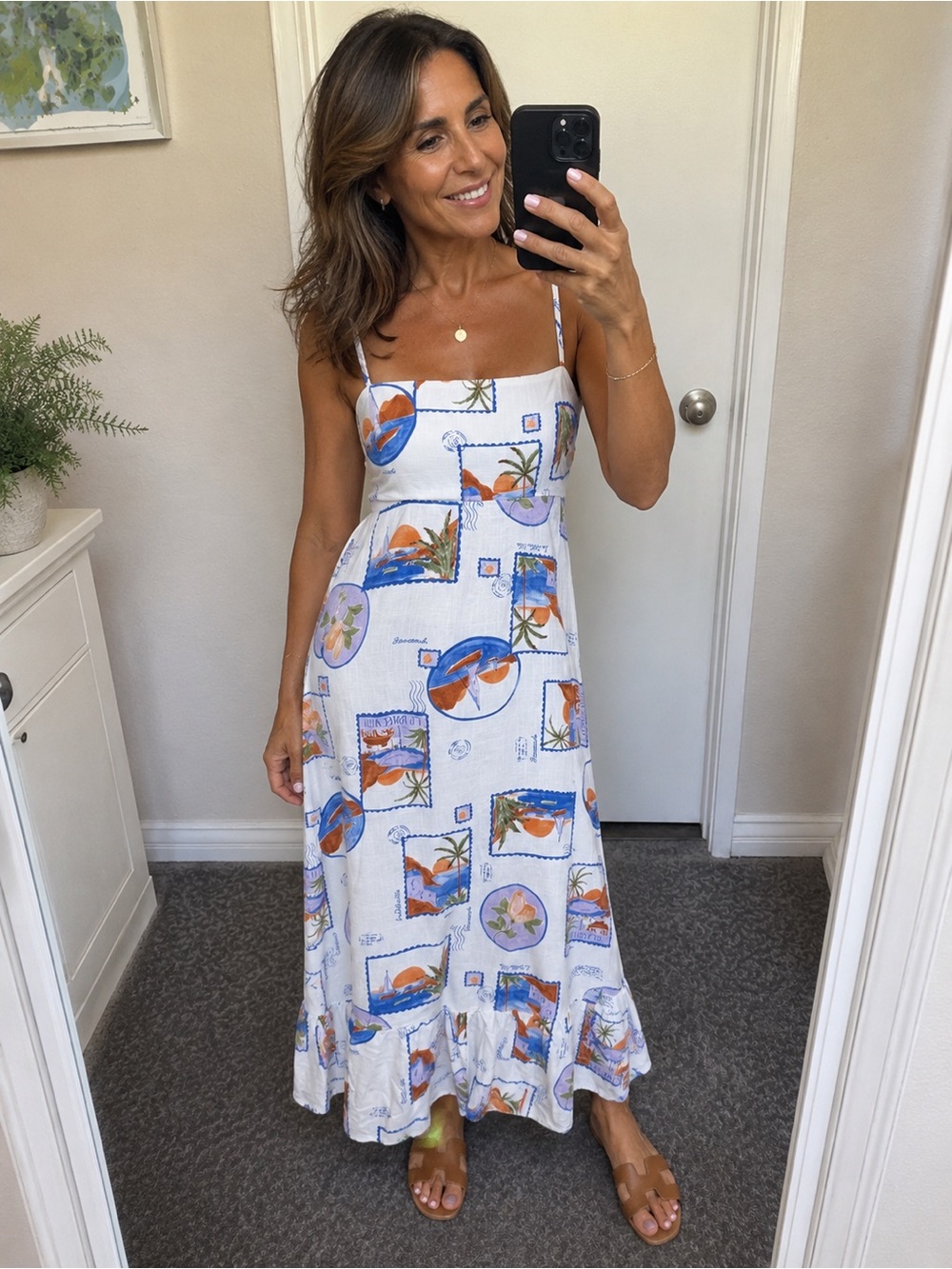 White Tropical Print Spaghetti-Strap Maxi Dress